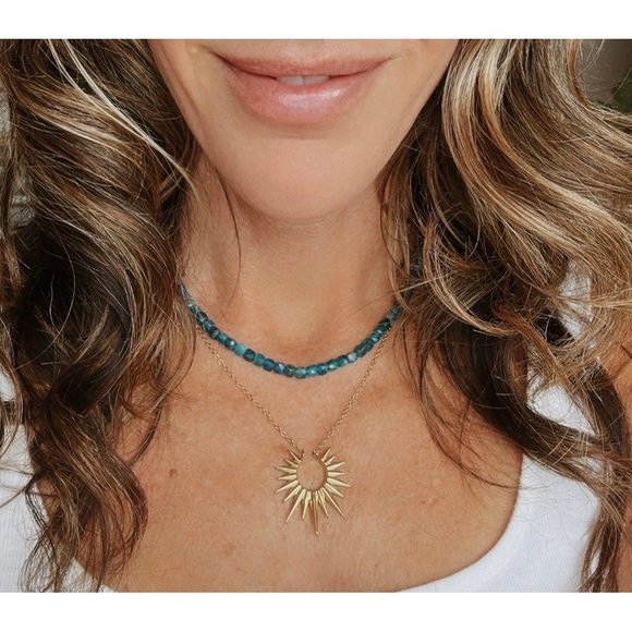 Blue Apatite Gemstone Necklace Gold Toggle Clasp Removable Baroque Pearl Genuine - Picture 5 of 14